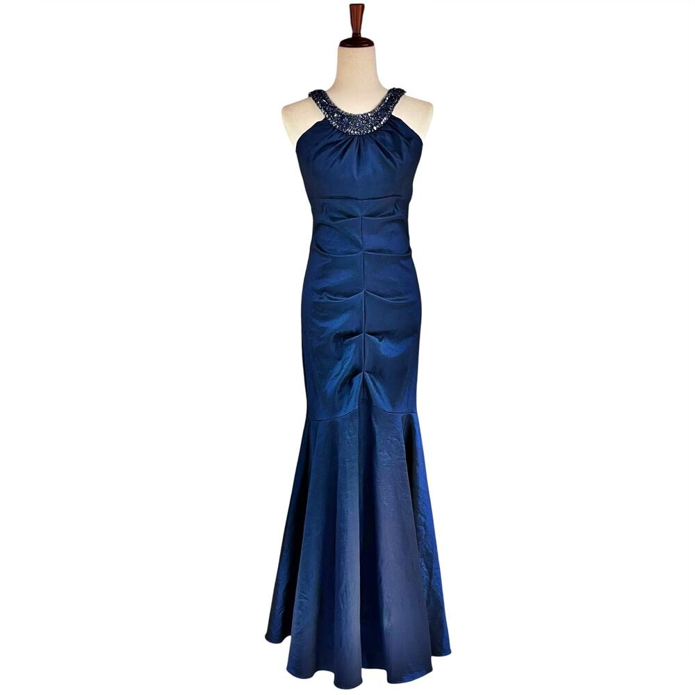 XSCAPE BY JOANNA CHEN Iridescent Blue Mermaid Beaded Collar Formal Dress Size 10